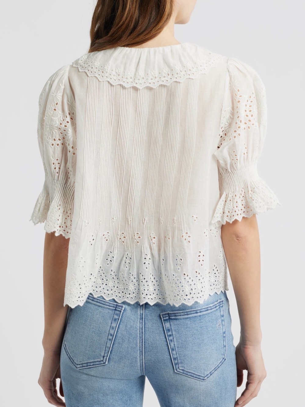 Doen Henri salt White Eyelet Ruffled V-Neck Cotton Blouse shirt voile top M - Picture 4 of 6